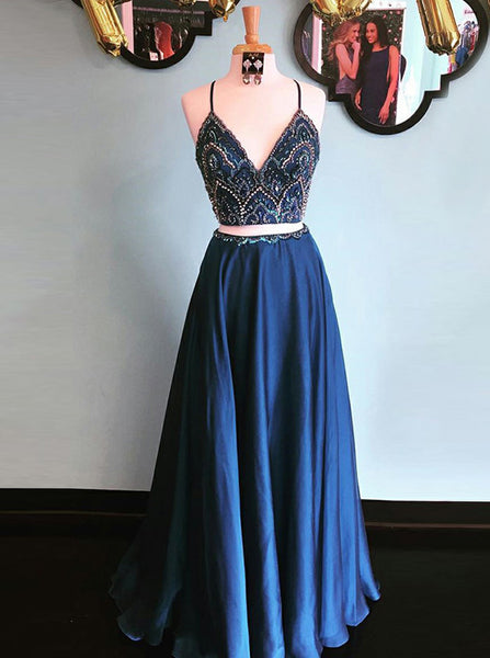 Navy Blue Two Piece Prom Dress,Beaded Top Prom Dress,Long Evening Dress Chiffon PD00107