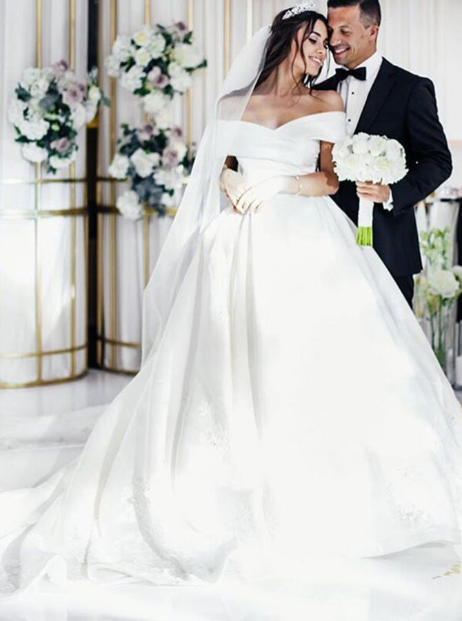 off-the-shoulder satin ball gown wedding dress product info and reviews AmazingOff the Shoulder Aline Satin Bridal Gown Garden Wedding Dress