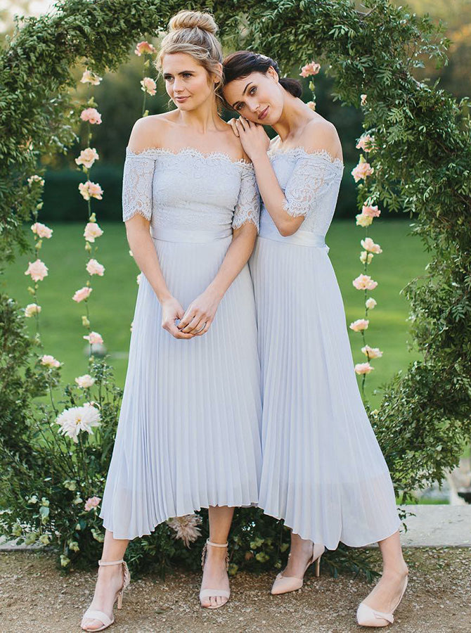 Off The Shoulder Bridesmaid Dresses,Tea Length Bridesmaid Dress,Silver