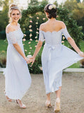 Off The Shoulder Bridesmaid Dresses,Tea Length Bridesmaid Dress,Silver Bridesmaid Dress,BD00213