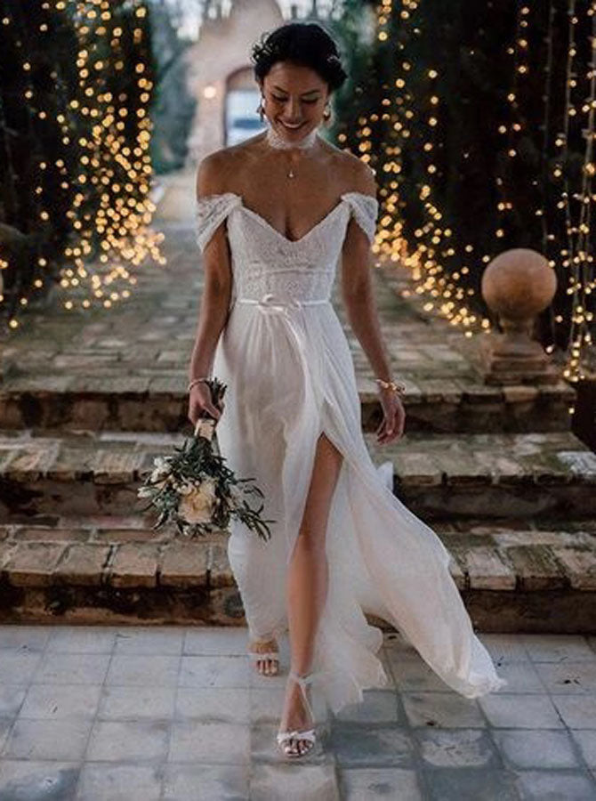 White Wedding Dresses,Off the Shoulder Wedding Dress,Boho Bridal Dress