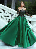 Off the Shoulder Prom Gown with Sleeves,Ball Gown Satin Prom Dress,PD00368