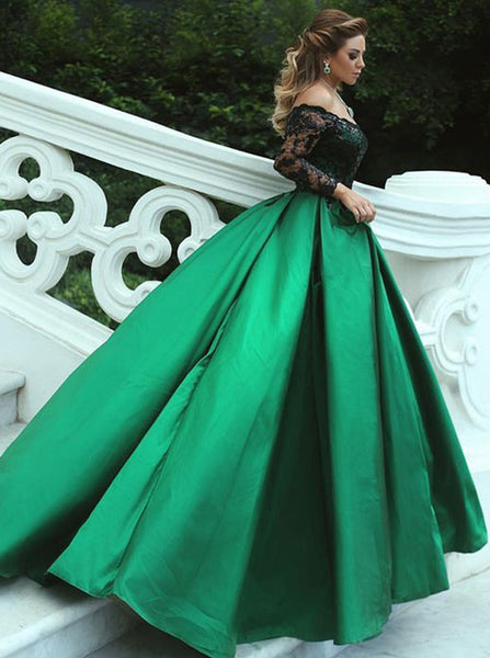 Off the Shoulder Prom Gown with Sleeves,Ball Gown Satin Prom Dress,PD00368