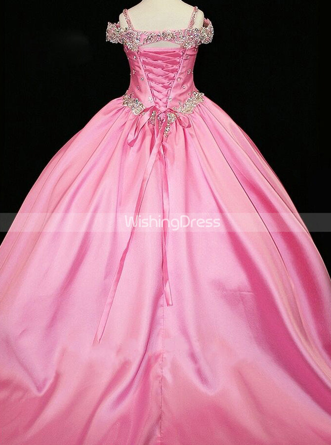 VeraQueen Girl's Off-Shoulder Princess Pageant Dress - Pink Tulle With Beaded Straps