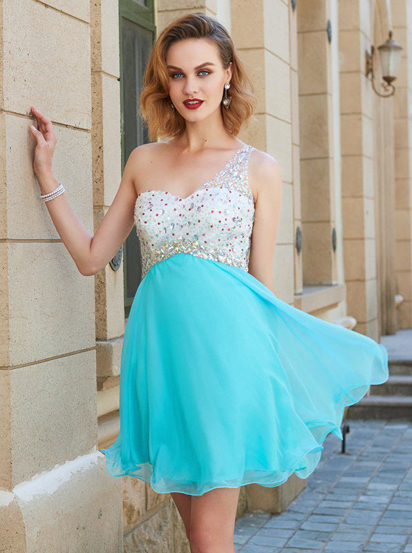 One Shoulder Empire Waist Homecoming Dresses,Short Chiffon Homecoming