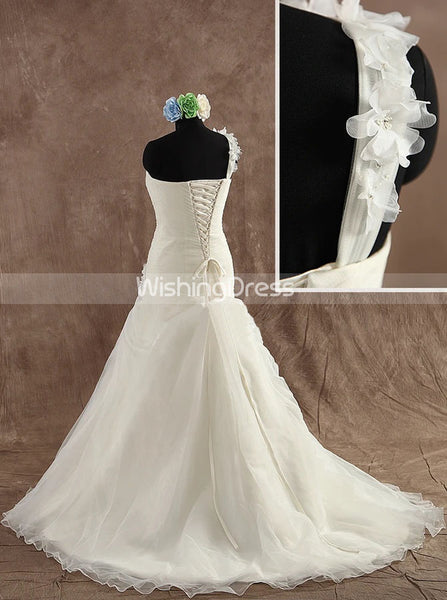 One Shoulder Mermaid Pleated Wedding Dress with Handmade Flowers,WD00595