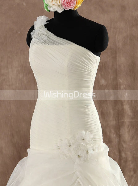 One Shoulder Mermaid Pleated Wedding Dress with Handmade Flowers,WD00595