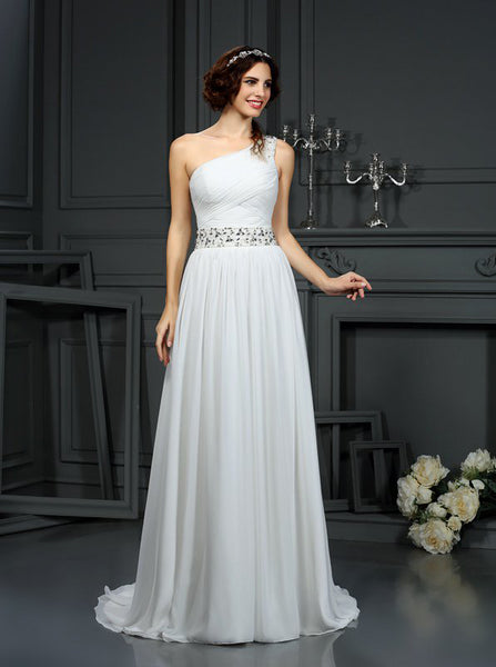 One Shoulder Wedding Dress,Chiffon Long Wedding Dress,Beach Wedding Dress,WD00287