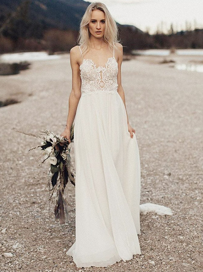 boho chic beach wedding dresses Lace Appliques Long Chiffon Lisposa And thanks to the sheath silhouette and sweep train Bohemian Beach Star Illusion Neck