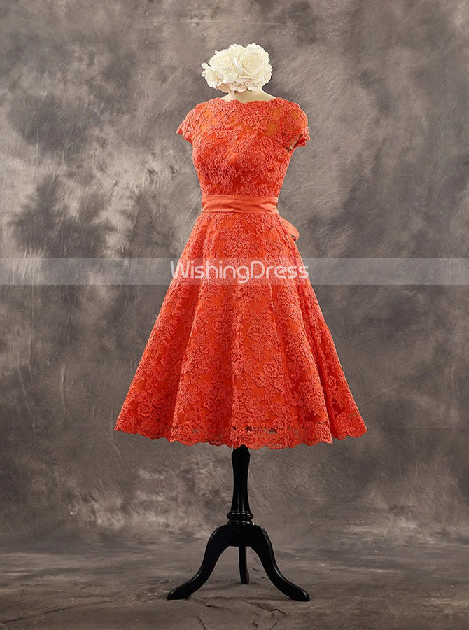 Orange A-line Lace Wedding Dresses,Knee Length Wedding Party Dress with Sash,WD00530