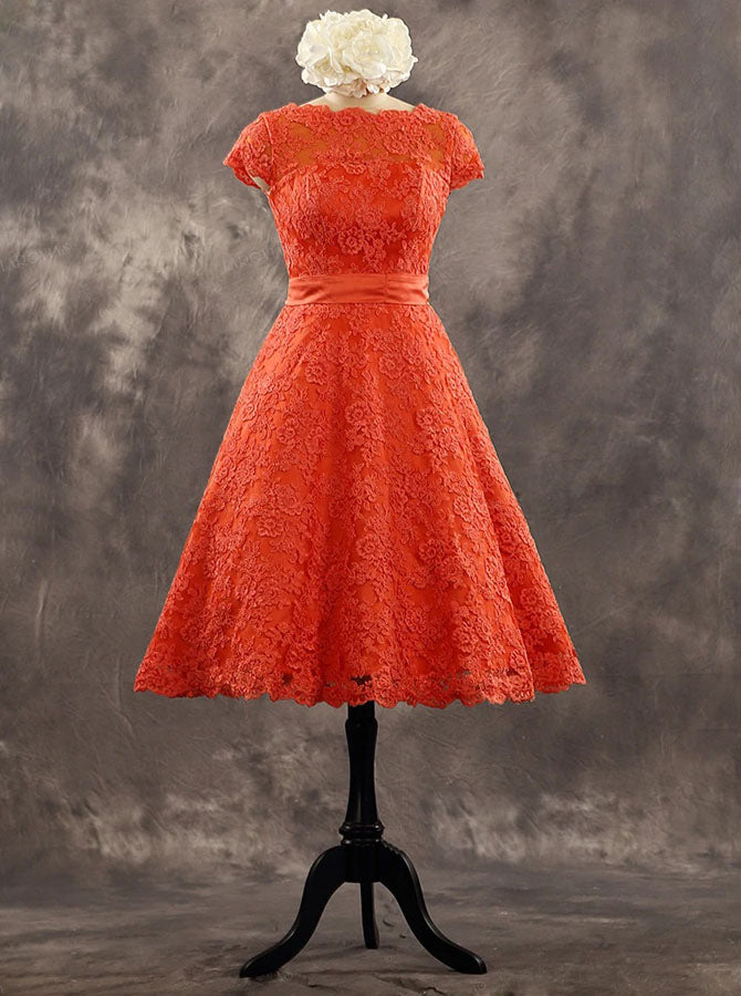 Orange A-line Lace Wedding Dresses,Knee Length Wedding Party Dress with Sash,WD00530 US26W / White