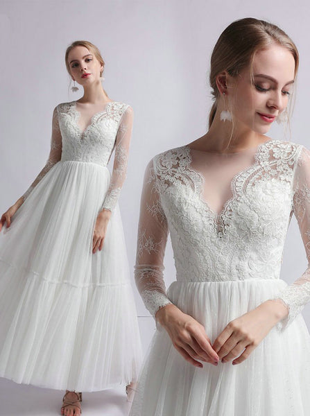 Outdoor Wedding Dress,Long Sleeves Ankle Length Wedding Dress,WD00397