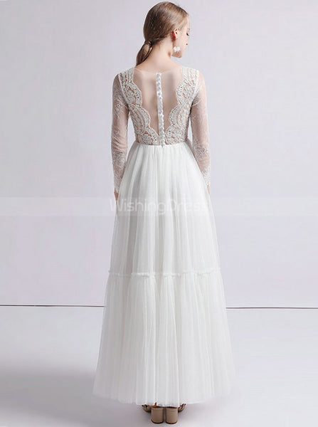 Outdoor Wedding Dress,Long Sleeves Ankle Length Wedding Dress,WD00397