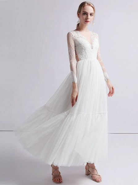 Outdoor Wedding Dress,Long Sleeves Ankle Length Wedding Dress,WD00397