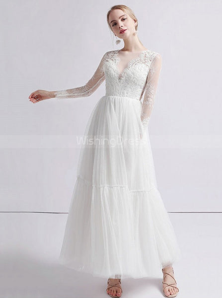 Outdoor Wedding Dress,Long Sleeves Ankle Length Wedding Dress,WD00397