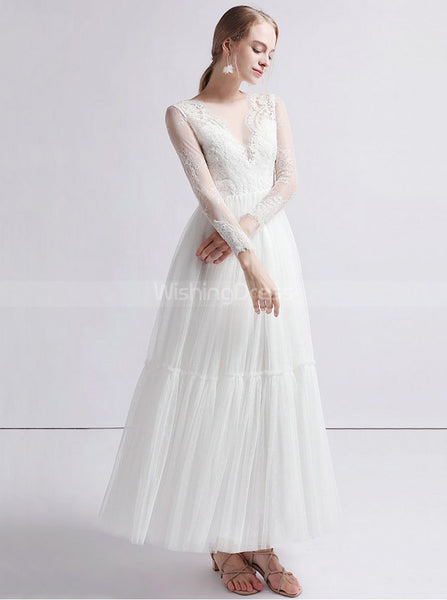 Outdoor Wedding Dress,Long Sleeves Ankle Length Wedding Dress,WD00397