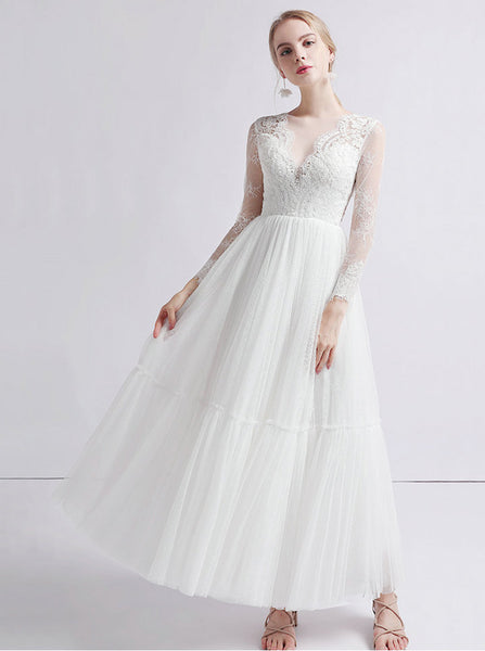 Outdoor Wedding Dress,Long Sleeves Ankle Length Wedding Dress,WD00397