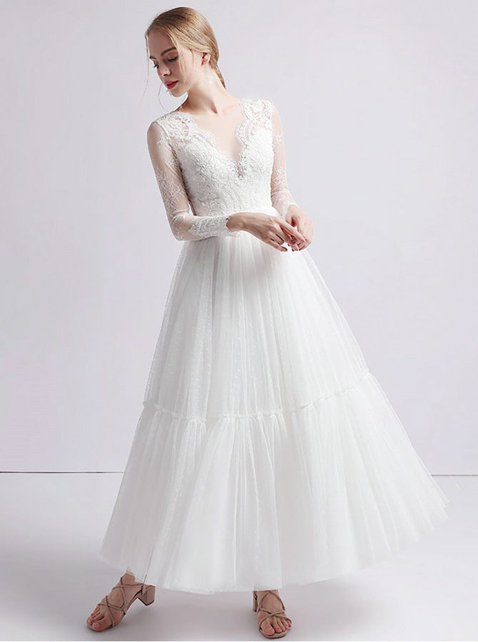 Outdoor Wedding Dress,Long Sleeves Ankle Length Wedding Dress,WD00397 US18W / White