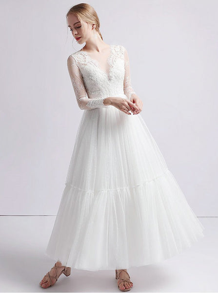 Outdoor Wedding Dress,Long Sleeves Ankle Length Wedding Dress,WD00397