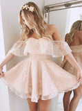 Peach Homecoming Dress,Lace Cocktail Dress,Off the Shoulder Cocktail Dresses,HC00042