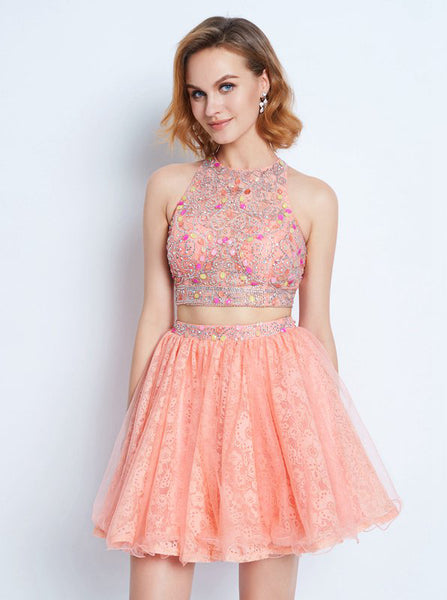 Peach Homecoming Dresses,Two Piece Homecoming Dress,Cocktail Dress for Teens,HC00154