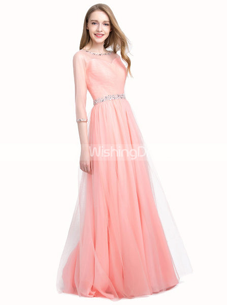 Peach Junior Prom Dresses,Prom Dress with Sleeves,Tulle Prom Dress,PD00338