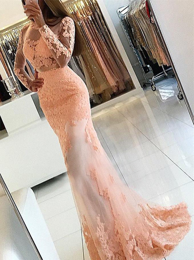 Peach Prom Dresses,Mermaid Prom Dress,Prom Dress with Sleeves,Backless Prom Dress,PD00306