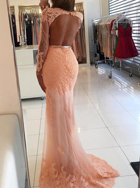 Peach Prom Dresses,Mermaid Prom Dress,Prom Dress with Sleeves,Backless Prom Dress,PD00306
