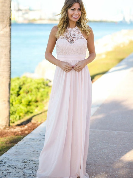 Pearl Pink Bridesmaid Dress,Chiffon Long Bridesmaid Dress,High Neck Bridesmaid Dress,BD00132