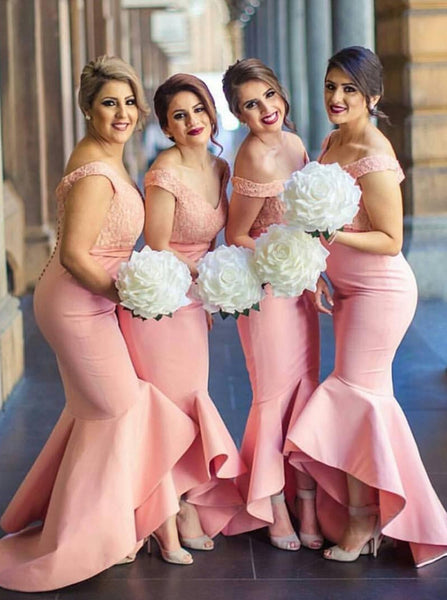 Pink Bridesmaid Dress,Trumpet Bridesmaid Dress,Satin Off the Shoulder Bridesmaid Dress,BD00016