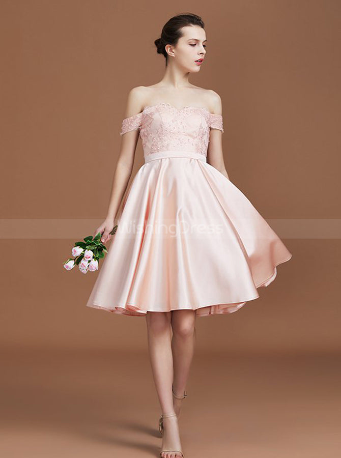 Pink Bridesmaid Dresses,Off the Shoulder Bridesmaid Dress,Short Bridesmaid Dress,BD00223