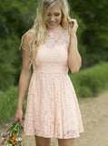 Pink Short Bridesmaid Dress,Lace Bridesmaid Dress,High Neck Bridesmaid Dress,BD00210