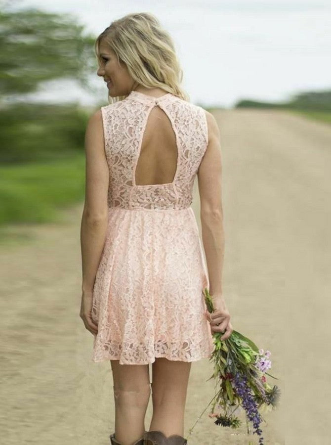 Pink Short Bridesmaid Dress,Lace Bridesmaid Dress,High Neck Bridesmaid