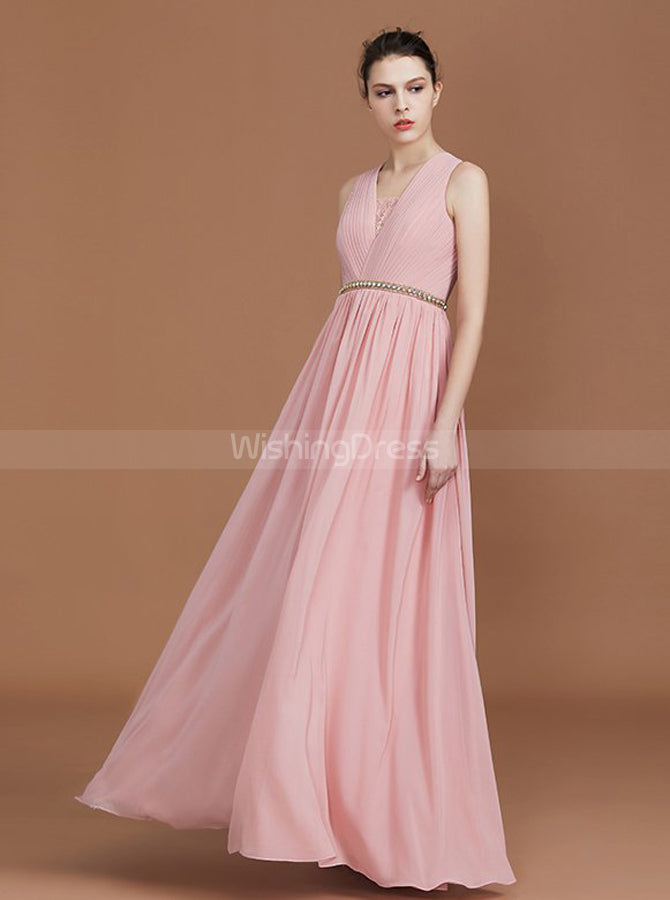 Pink Bridesmaid Dresses with Beaded Belt,Chiffon Bridesmaid Dress with