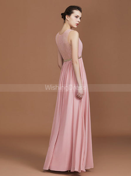 Pink Bridesmaid Dresses with Beaded Belt,Chiffon Bridesmaid Dress with Lace Back,BD00328
