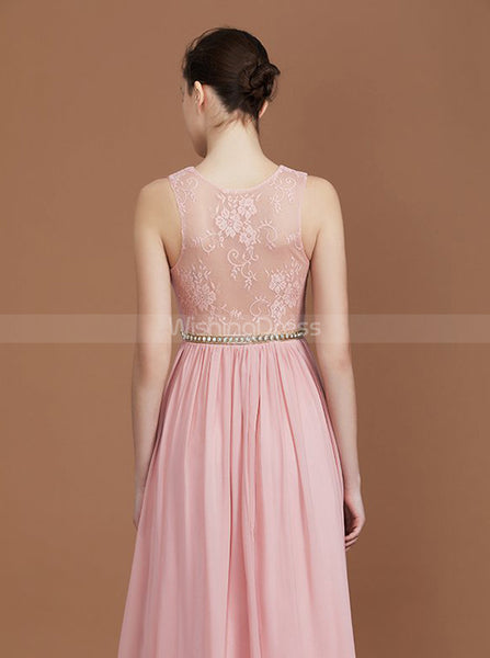 Pink Bridesmaid Dresses with Beaded Belt,Chiffon Bridesmaid Dress with Lace Back,BD00328