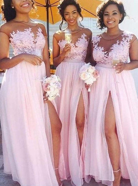 Pink Bridesmaid Dresses with Slit,Chiffon Prom Dress,BD00332