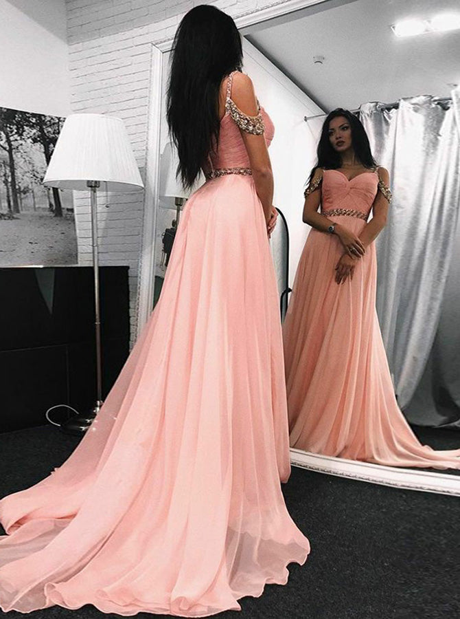 Pink Chiffon Prom Dress,Off the Shoulder Elegant Evening Dress,Evening