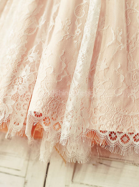 Pink Flower Girl Dress,Lace Flower Girl Dress with Cap Sleeves,FD00079