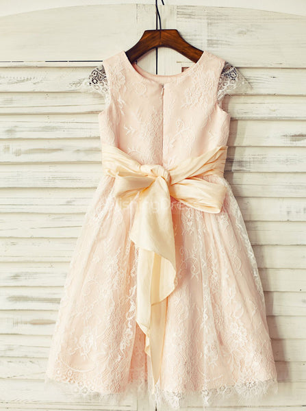 Pink Flower Girl Dress,Lace Flower Girl Dress with Cap Sleeves,FD00079