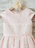 Pink Flower Girl Dress with Cap Sleeves,Tea Length Girl Party Dress,FD00109