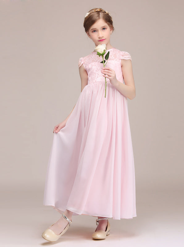 Pink Junior Bridesmaid Dress with Cap Sleeves,Long Chiffon Lace Junior