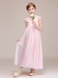 Pink Junior Bridesmaid Dress with Cap Sleeves,Long Chiffon Lace Junior Bridesmaid Dress,JB00043