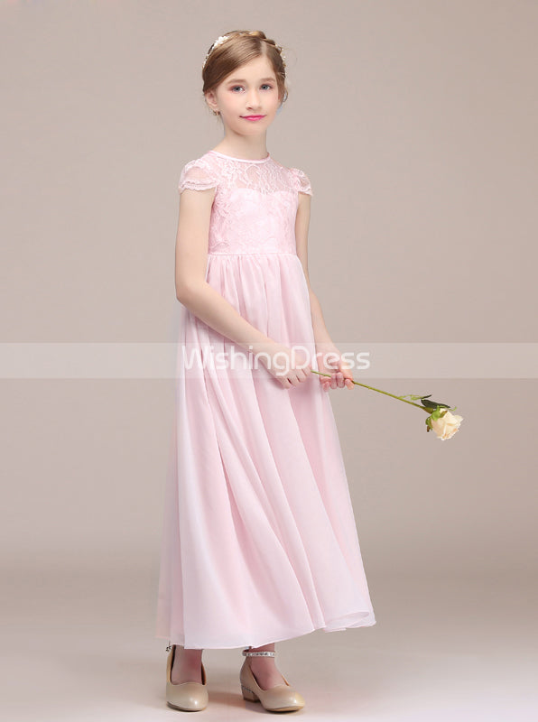 Pink Junior Bridesmaid Dress with Cap Sleeves,Long Chiffon Lace Junior