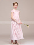 Pink Junior Bridesmaid Dress with Cap Sleeves,Long Chiffon Lace Junior Bridesmaid Dress,JB00043