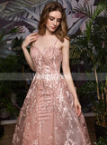 Pink Lace Prom Dresses,Spaghetti Straps A-line Dress,PD00465