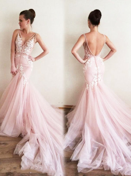 Pink Mermaid Prom Dress,Tulle Long Evening Dress,Prom Dress with Train for Teens PD00050