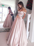 Pink Off the Shoulder Prom Dress,Satin Simple Prom Dress,Modest Evening Dress Long PD00058