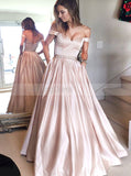 Pink Off the Shoulder Prom Dress,Satin Simple Prom Dress,Modest Evening Dress Long PD00058