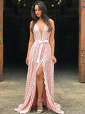 Pink Prom Dresses,Lace Prom Dress,Prom Dress with Slit,Long Evening Dress,PD00279